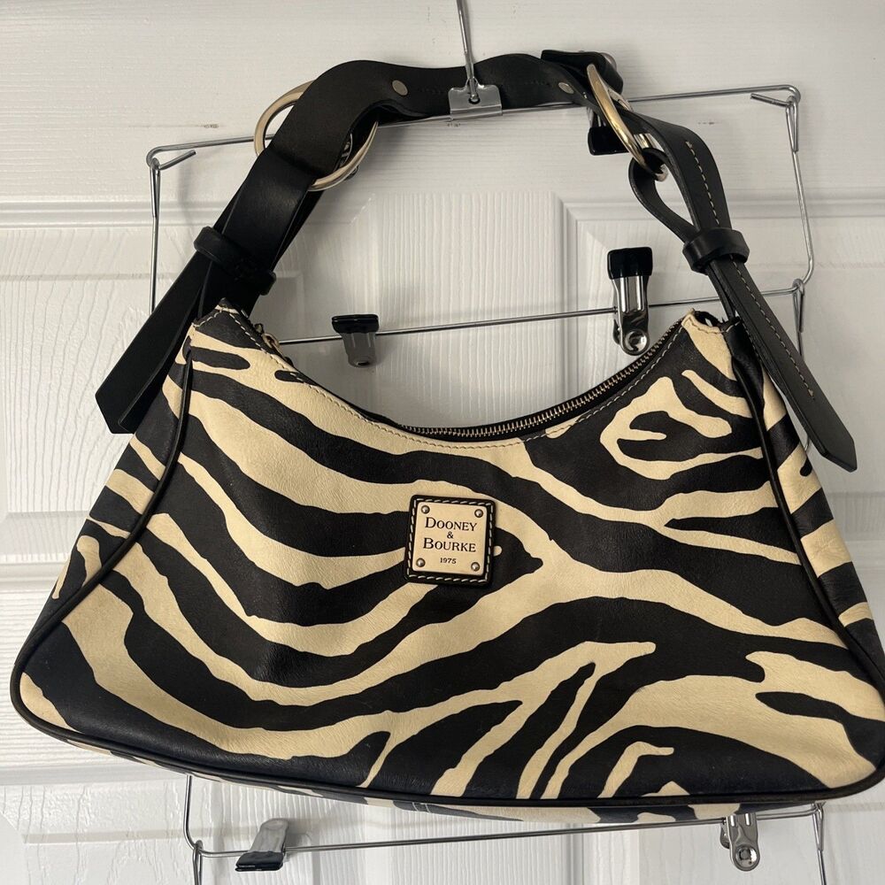 Dooney Bourke Zebra Print Hobo Shoulder Bag Black lvory Leather